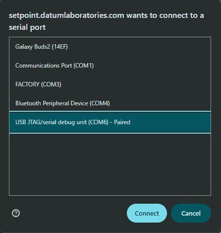 Browser serial port picker showing USB JTAG/serial debug unit